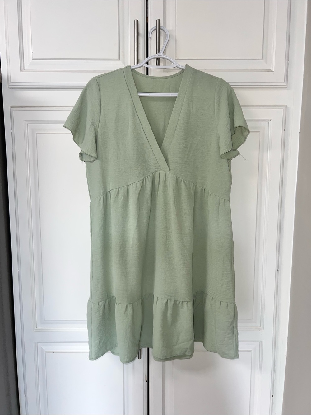 Amazon Light Green V-Neck Tiered Mini Dress